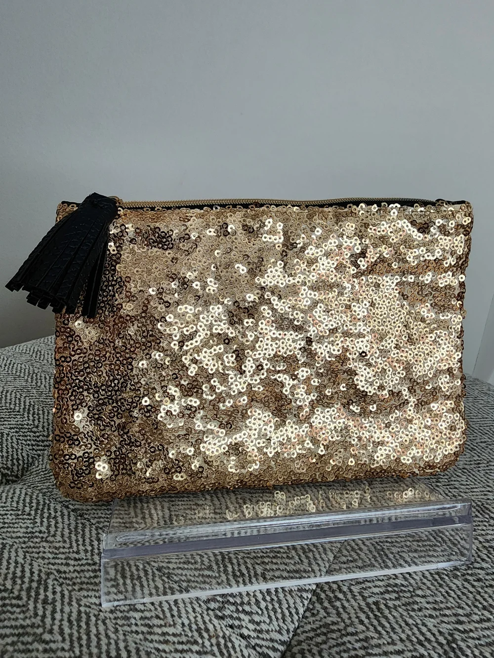 Ipsy Gold Sequin And Black Leather Cosmetic Pouch with Black Tassel